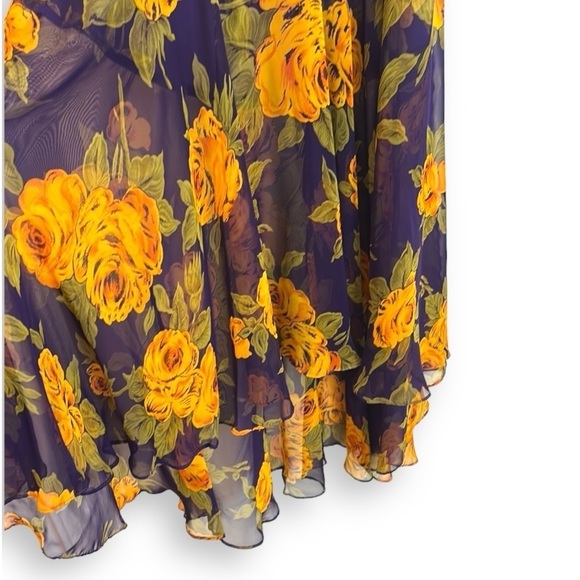 Vintage 90’s Y2K Purple Yellow Floral Satin Slip Dress w/ Chiffon Flutter Hem - Picture 6 of 7